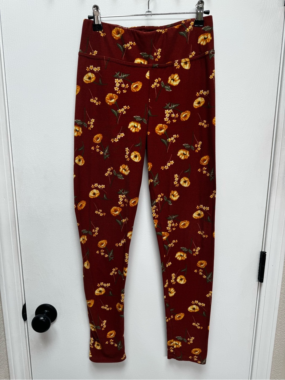 Derek Heart Burgundy Leggings with Yellow Floral Print